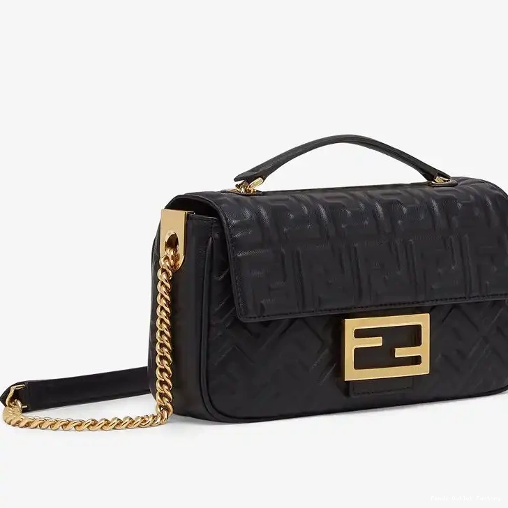 HOT Nappa Chain Midi Baguette Bag In Black Leather FF Motif Fendi 0428